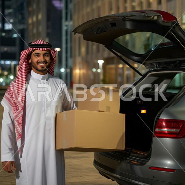 الاعتماد على عمليات الشراء عبر الانترنت, خدمات التوصيل السريع, طلب المنتجات أونلاين, شاب عربي خليجي سعودي يرتدي الثوب التقليدي والشماغ يقوم بوضع الطرود داخل السيارة وينظر إلى الكاميرا بسعادة, مفهوم التسوق الالكتروني، إيصال الطلبات إلى الزبائن بسهولة وسرعة