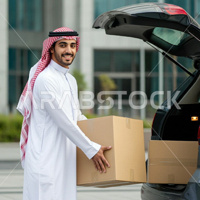 Relying on online shopping, express delivery services, ordering products online, a young Saudi Arabian Gulf man wearing a traditional thobe and shemagh putting parcels inside the car and looking happily at the camera, the concept of e-shopping, delivering orders to customers easily and quickly
