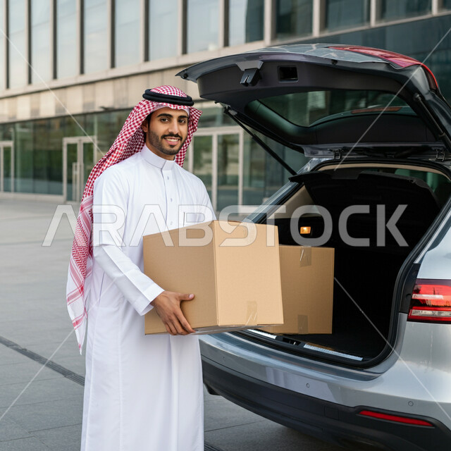 الاعتماد على عمليات الشراء عبر الانترنت, خدمات التوصيل السريع, طلب المنتجات أونلاين, شاب عربي خليجي سعودي يرتدي الثوب التقليدي والشماغ يقوم بوضع الطرود داخل السيارة وينظر إلى الكاميرا بسعادة, مفهوم التسوق الالكتروني، إيصال الطلبات إلى الزبائن بسهولة وسرعة
