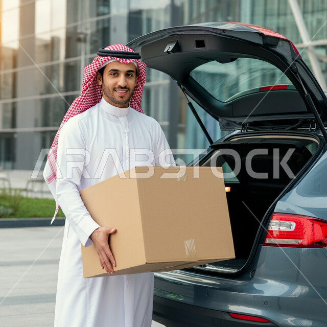 الاعتماد على عمليات الشراء عبر الانترنت, خدمات التوصيل السريع, طلب المنتجات أونلاين, شاب عربي خليجي سعودي يرتدي الثوب التقليدي والشماغ يقوم بوضع الطرود داخل السيارة وينظر إلى الكاميرا بسعادة, مفهوم التسوق الالكتروني، إيصال الطلبات إلى الزبائن بسهولة وسرعة