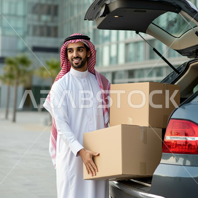 الاعتماد على عمليات الشراء عبر الانترنت, خدمات التوصيل السريع, طلب المنتجات أونلاين, شاب عربي خليجي سعودي يرتدي الثوب التقليدي والشماغ يقوم بوضع الطرود داخل السيارة بإيماءات السعادة, مفهوم التسوق الالكتروني، إيصال الطلبات إلى الزبائن بسهولة وسرعة