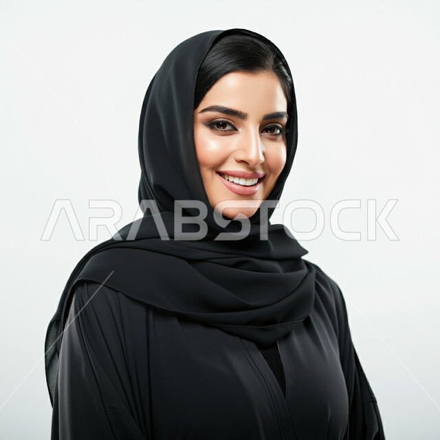مفهوم الأناقة والأنوثة, بورتريه مقرب لامرأة عربية خليجية سعودية ترتدي الحجاب والعباءة تنظر إلى الكاميرا بايماءات السرور والثقة بالنفس, التقاط صور شخصية للوثائق الرسمية، الاهتمام بالمظهر الخارجي، خلفية بيضاء