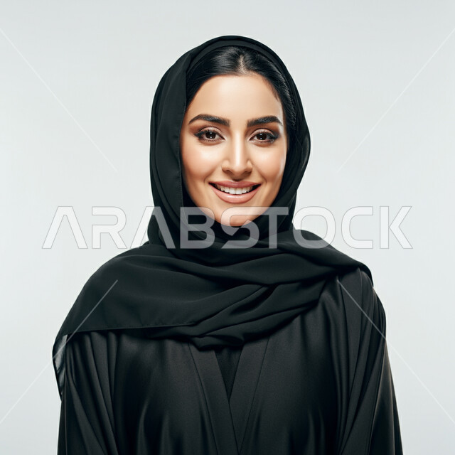 الجمال والاهتمام بالمظهر الخارجي، مفهوم الأناقة والأنوثة, تعابير السرور والسعادة، التقاط صور شخصية للوثائق الرسمية، بورتريه مقرب لامرأة عربية خليجية سعودية ترتدي الحجاب والعباءة تنظر إلى الكاميرا بايماءات الثقة بالنفس, خلفية بيضاء