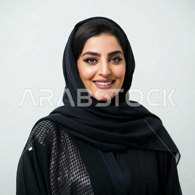 Taking selfies for official documents, concept of elegance and femininity, close-up portrait of a Saudi Arabian Gulf woman wearing hijab and abaya looking at the camera with gestures of pleasure and self-confidence, concern for outward appearance, white background