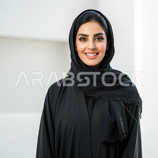 مفهوم الأناقة والأنوثة, بورتريه مقرب لامرأة عربية خليجية سعودية ترتدي الحجاب والعباءة تنظر إلى الكاميرا بايماءات السرور والثقة بالنفس, التقاط صور شخصية للوثائق الرسمية، الاهتمام بالمظهر الخارجي، خلفية بيضاء