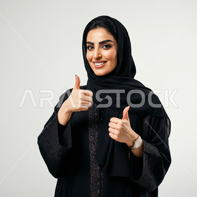 الجمال والاهتمام بالمظهر الخارجي، مفهوم الأناقة والأنوثة، علامة الجودة والامتياز، بورتريه مقرب لامرأة عربية خليجية سعودية ترتدي الحجاب والعباءة تنظر إلى الكاميرا ترفع إصبع الإبهام في اليدين  للأعلى بايماءات الرضا والإعجاب, خلفية بيضاء
