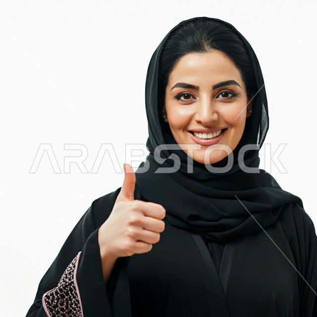 علامة الجودة والامتياز، الجمال والاهتمام بالمظهر الخارجي، مفهوم الأناقة والأنوثة، بورتريه مقرب لامرأة عربية خليجية سعودية ترتدي الحجاب والعباءة تنظر إلى الكاميرا ترفع إبهامها للأعلى بايماءات الرضا والإعجاب, خلفية بيضاء