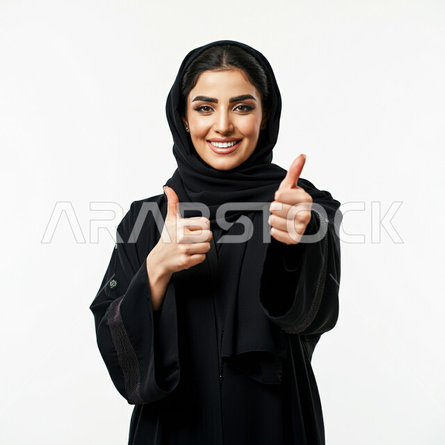 مفهوم الأناقة والأنوثة، علامة الجودة والامتياز، بورتريه مقرب لامرأة عربية خليجية سعودية ترتدي الحجاب والعباءة تنظر إلى الكاميرا ترفع إصبع الإبهام في اليدين  للأعلى بايماءات الرضا والإعجاب, الجمال والاهتمام بالمظهر الخارجي، خلفية بيضاء