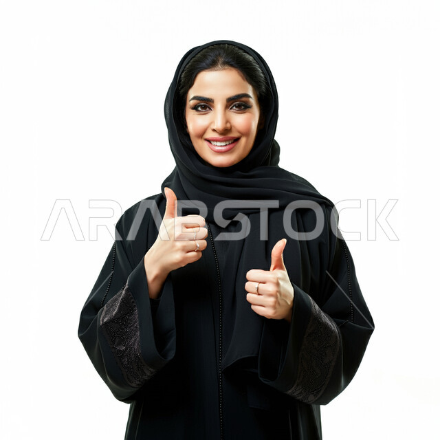 Concern for appearance, concept of elegance and femininity, mark of quality and excellence, close-up portrait of a Saudi Arabian Gulf woman wearing hijab and abaya looking at the camera raising thumbs up in gestures of satisfaction and admiration, white background