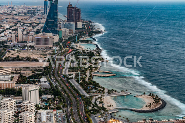Beautiful view from the top of Jeddah Corniche in Saudi Arabia in daytime mode, Jeddah waterfront on the coast of the Red Sea west of the Kingdom, beautiful aerial view of Jeddah Corniche, tourism in Saudi Arabia, scenic landscapes, tourist and coastal at