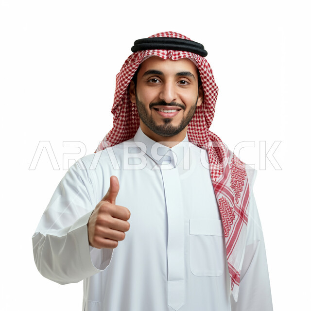 تعابير القبول والفرح والسرور، الاهتمام بالأناقة والمظهر الخارجي، بورتريه مقرب لرجل عربي خليجي سعودي يرتدي الثوب التقليدي والشماغ ينظر الى الكاميرا ويرفع إصبع الإبهام للأعلى بإيماءات الإعجاب والرضا، علامة الجودة والامتياز، خلفية بيضاء
