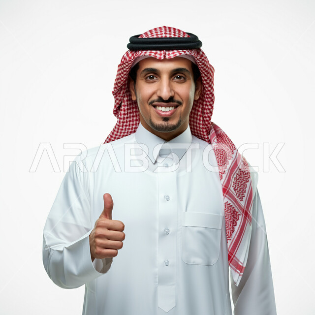 الاهتمام بالأناقة والمظهر الخارجي، بورتريه مقرب لرجل عربي خليجي سعودي يرتدي الثوب التقليدي والشماغ ينظر الى الكاميرا ويرفع إصبع الإبهام للأعلى بإيماءات الإعجاب والرضا، تعابير القبول والفرح والسرور، علامة الجودة والامتياز، خلفية بيضاء