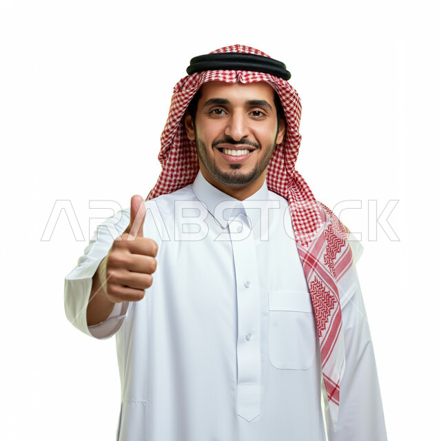 علامة الجودة والامتياز، الاهتمام بالأناقة والمظهر الخارجي، بورتريه مقرب لرجل عربي خليجي سعودي يرتدي الثوب التقليدي والشماغ ينظر الى الكاميرا ويرفع إصبع الإبهام للأعلى بإيماءات الإعجاب والرضا، تعابير القبول والفرح والسرور، خلفية بيضاء