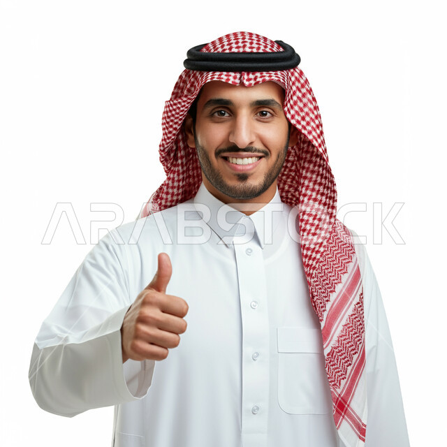 تعابير القبول والفرح والسرور، الاهتمام بالأناقة والمظهر الخارجي، بورتريه مقرب لرجل عربي خليجي سعودي يرتدي الثوب التقليدي والشماغ ينظر الى الكاميرا ويرفع إصبع الإبهام للأعلى بإيماءات الإعجاب والرضا، علامة الجودة والامتياز، خلفية بيضاء
