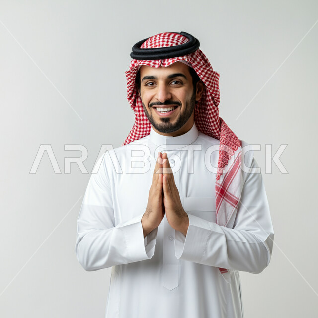 الإكثار من الدعاء في شهر رمضان، الإجتهاد في العبادة والحفاظ على الطاعات، بورتريه مقرب لرجل عربي خليجي سعودي مبتسم يرتدي الثوب التقليدي والشماغ يرفع يديه ويدعو الله بإيماءات التوسل والتضرع، مفهوم الاستقبال والترحيب، خلفية بيضاء