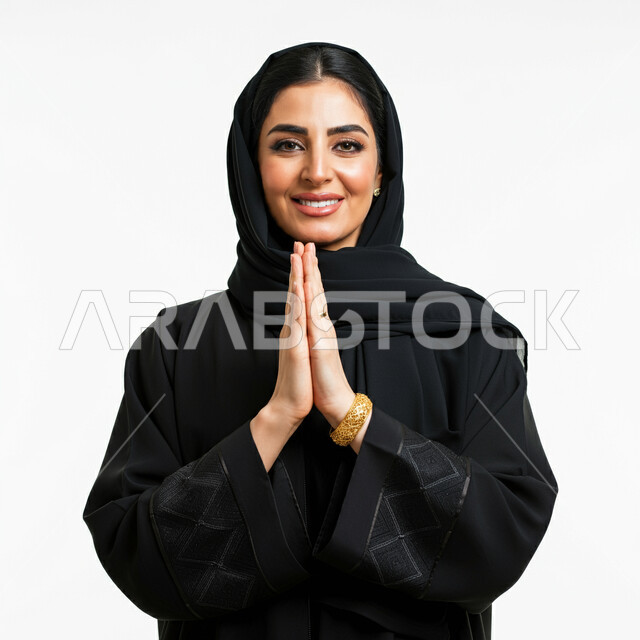 مفهوم الاستقبال والترحيب، الإكثار من الدعاء في شهر رمضان، الاهتمام بالمظهر الخارجي والأناقة والأنوثة، بورتريه مقرب لامرأة عربية خليجية سعودية ترتدي الحجاب والعباءة تنظر إلى الكاميرا ترفع يديها بايماءات الدعاء والتضرع, خلفية بيضاء