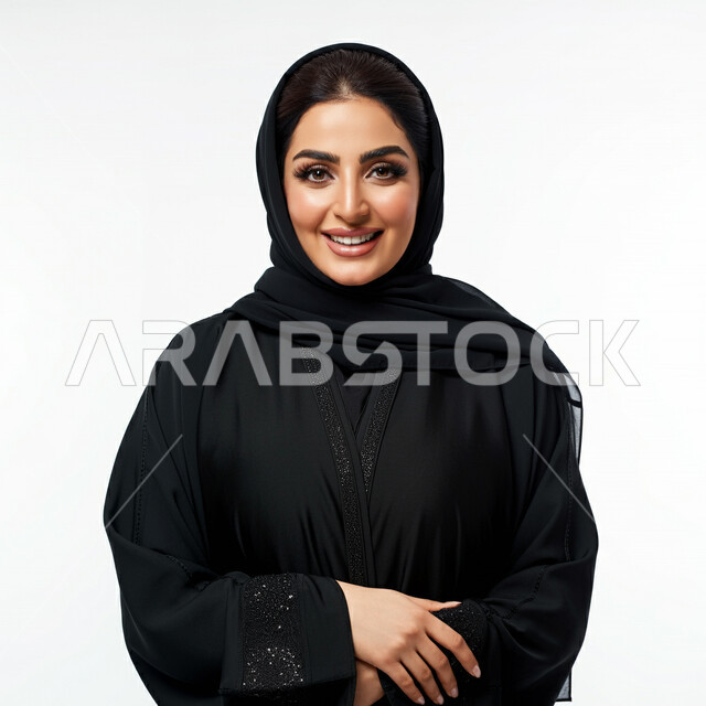 الاهتمام بالمظهر الخارجي، مفهوم الأناقة والأنوثة, بورتريه مقرب لامرأة عربية خليجية سعودية ترتدي الحجاب والعباءة تنظر إلى الكاميرا بايماءات السرور والثقة بالنفس, التقاط صور شخصية للوثائق الرسمية، خلفية بيضاء