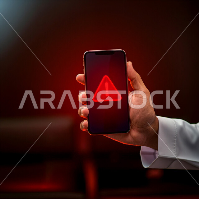 أهمية الانتباه إلى التحذيرات والتنبيهات على الأجهزة الإلكترونية، صورة مقربة ليد رجل سعودي يرتدي ثوب أبيض وهو يمسك بهاتف ذكي،  شاشة جوال تعرض رمز تحذير أحمر على شكل مثلث بداخله علامة تعجب، خلفية مظلمة مع إضاءة حمراء خافتة، وجود مشكلة أو تحذير هام