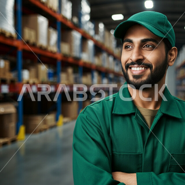 الوقوف بيدين متقاطعتين يإيماءات الثقة بالنفس، عمليات إيصال الطلبات إلى الزبائن بسهولة، العمل في مستودعات المملكة العربية السعودية، صورة مقربة لمندوب توصيل عربي خليجي سعودي يرتدي ملابس العمل والقبعة يقف مكتوف اليدين بسرور، رفوف البضائع والكراتين المغلقة