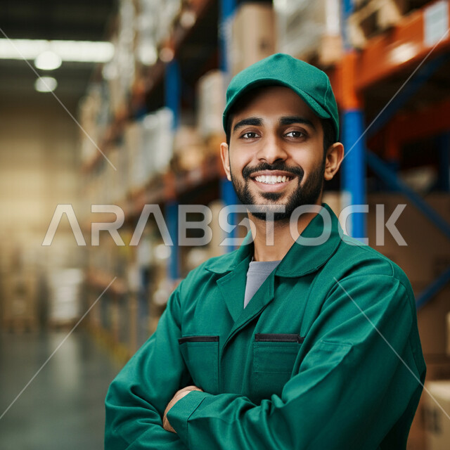 الوقوف بيدين متقاطعتين يإيماءات الثقة بالنفس، عمليات إيصال الطلبات إلى الزبائن بسهولة، العمل في مستودعات المملكة العربية السعودية، صورة مقربة لمندوب توصيل عربي خليجي سعودي يرتدي ملابس العمل والقبعة يقف مكتوف اليدين بسرور، رفوف البضائع والكراتين المغلقة
