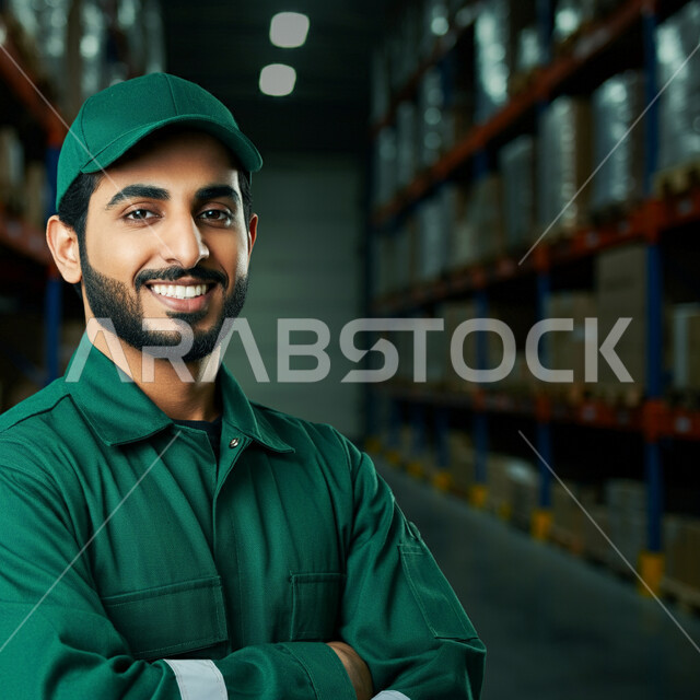 الوقوف بيدين متقاطعتين يإيماءات الثقة بالنفس، عمليات إيصال الطلبات إلى الزبائن بسهولة، العمل في مستودعات المملكة العربية السعودية، صورة مقربة لمندوب توصيل عربي خليجي سعودي يرتدي ملابس العمل والقبعة يقف مكتوف اليدين بسرور، رفوف البضائع والكراتين المغلقة