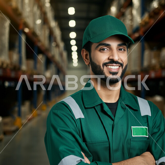 الوقوف بيدين متقاطعتين يإيماءات الثقة بالنفس، عمليات إيصال الطلبات إلى الزبائن بسهولة، العمل في مستودعات المملكة العربية السعودية، صورة مقربة لمندوب توصيل عربي خليجي سعودي يرتدي ملابس العمل والقبعة يقف مكتوف اليدين بسرور، رفوف البضائع والكراتين المغلقة