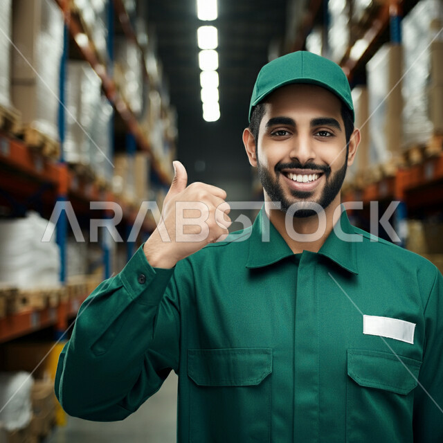 النظر إلى الكاميرا بإيماءات السعادة، عمليات إيصال الطلبات إلى الزبائن بسهولة، العمل في مستودعات المملكة العربية السعودية، صورة مقربة لمندوب توصيل عربي خليجي سعودي يرتدي ملابس العمل والقبعة يرفع اصبع الإبهام بعلامة القبول والرضا، رفوف البضائع والكراتين المغلقة