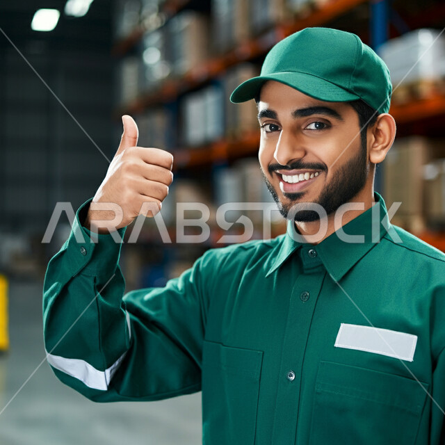 النظر إلى الكاميرا بإيماءات السعادة، عمليات إيصال الطلبات إلى الزبائن بسهولة، العمل في مستودعات المملكة العربية السعودية، صورة مقربة لمندوب توصيل عربي خليجي سعودي يرتدي ملابس العمل والقبعة يرفع اصبع الإبهام بعلامة القبول والرضا، رفوف البضائع والكراتين المغلقة