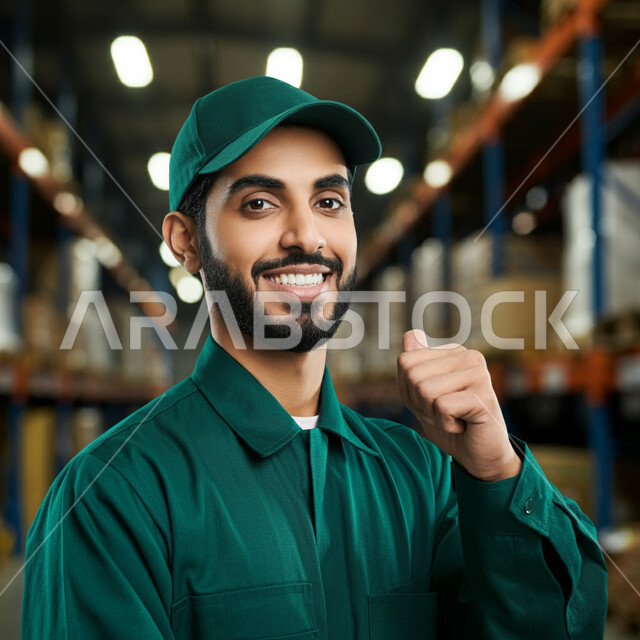النظر إلى الكاميرا بإيماءات السعادة، عمليات إيصال الطلبات إلى الزبائن بسهولة، العمل في مستودعات المملكة العربية السعودية، صورة مقربة لمندوب توصيل عربي خليجي سعودي يرتدي ملابس العمل والقبعة يرفع اصبع الإبهام بعلامة القبول والرضا، رفوف البضائع والكراتين المغلقة
