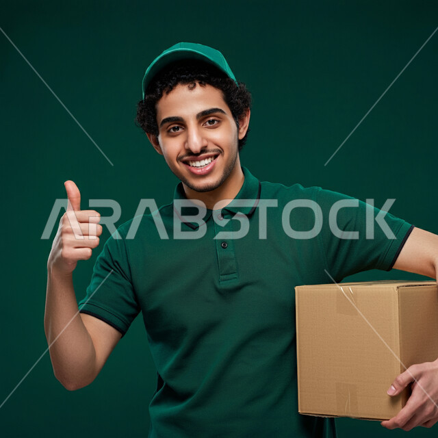 رفع اصبع الإبهام بإيماءات القبول والإعجاب، عمليات إيصال الطلبات إلى الزبائن بسهولة، طلب المنتجات أونلاين, الشراء عبر الانترنت, بورتريه مقرب  لمندوب توصيل عربي خليجي سعودي يرتدي ملابس العمل والقبعة يحمل صندوق وينظر للكاميرا بإيماءات السعادة والرضا، خلفية خضراء