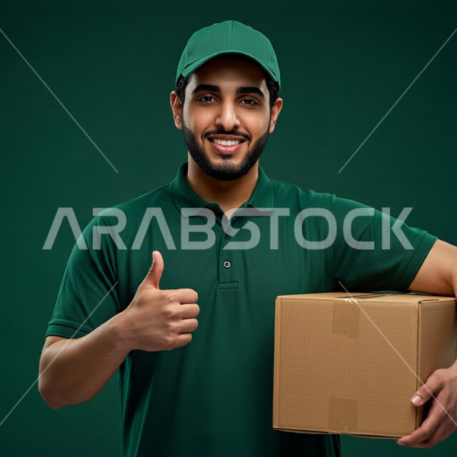 Thumbs up gestures of approval and admiration, easy delivery of orders to customers, ordering products online, online shopping, close-up portrait of a Saudi Arabian Gulf delivery man wearing business clothes and hat holding a box and looking at the camera with gestures of happiness and satisfaction, green background
