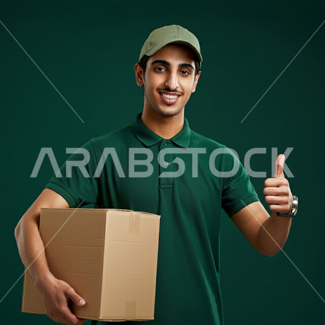 رفع اصبع الإبهام بإيماءات القبول والإعجاب، عمليات إيصال الطلبات إلى الزبائن بسهولة، طلب المنتجات أونلاين, الشراء عبر الانترنت, بورتريه مقرب  لمندوب توصيل عربي خليجي سعودي يرتدي ملابس العمل والقبعة يحمل صندوق وينظر للكاميرا بإيماءات السعادة والرضا، خلفية خضراء