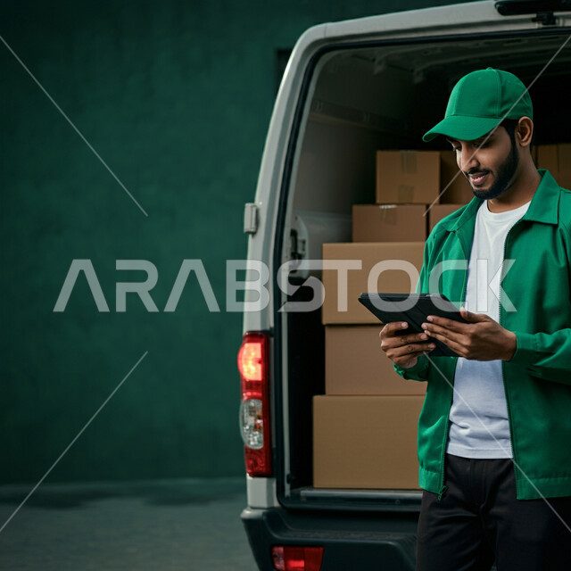 تسهيل عمليات إيصال الطلبات إلى الزبائن عبر التقنية الحديثة والتكنولوجيا، طلب المنتجات أونلاين, خدمات التوصيل السريع, الاعتماد على الشراء عبر الانترنت, مندوب توصيل عربي خليجي سعودي يرتدي ملابس العمل والقبعة يستخدم الجهاز اللوحي لإتمام عملية التسليم بشكل صحيح
