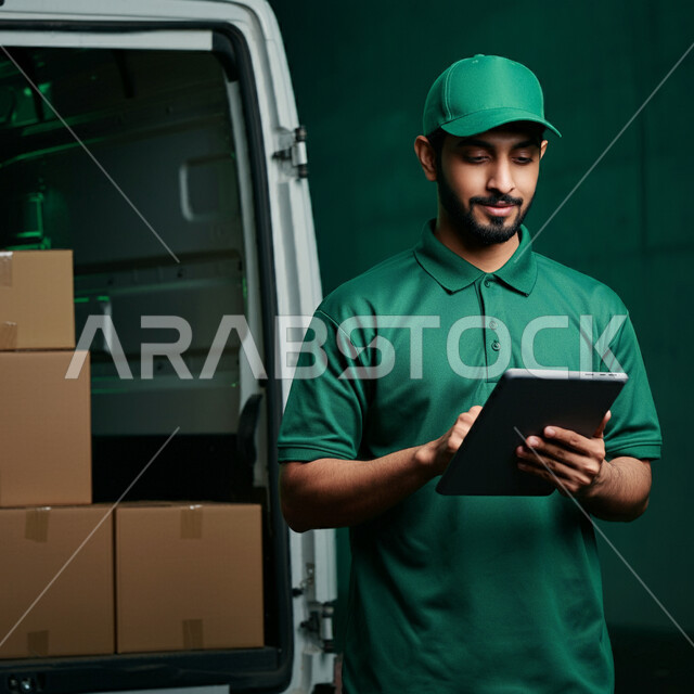 تسهيل عمليات إيصال الطلبات إلى الزبائن عبر التقنية الحديثة والتكنولوجيا، طلب المنتجات أونلاين, خدمات التوصيل السريع, الاعتماد على الشراء عبر الانترنت, مندوب توصيل عربي خليجي سعودي يرتدي ملابس العمل والقبعة يستخدم الجهاز اللوحي لإتمام عملية التسليم بشكل صحيح