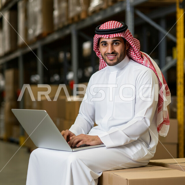 دمج التقنية الحديثة والتكنولوجيا بالعمل، طلب المنتجات أونلاين, خدمات التوصيل السريع, الاعتماد على عمليات الشراء عبر الانترنت, رجل عربي خليجي سعودي يرتدي الثوب التقليدي والشماغ يجلس في المستودع ويستخدم الحاسوب المحمول، إيصال الطلبات إلى الزبائن بسهولة وسرعة