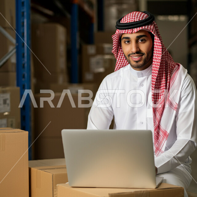 دمج التقنية الحديثة والتكنولوجيا بالعمل، طلب المنتجات أونلاين, خدمات التوصيل السريع, الاعتماد على عمليات الشراء عبر الانترنت, رجل عربي خليجي سعودي يرتدي الثوب التقليدي والشماغ يجلس في المستودع ويستخدم الحاسوب المحمول، إيصال الطلبات إلى الزبائن بسهولة وسرعة