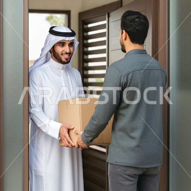 مفهوم التسوق الالكتروني، خدمات التوصيل السريع, الاعتماد على عمليات الشراء عبر الانترنت, طلب المنتجات أونلاين, لرجل عربي خليجي سعودي يرتدي الثوب التقليدي والغترة يقوم باستلام الطرود من مندوب التوصيل بإيماءات البشاشة, إيصال الطلبات إلى الزبائن بسهولة وسرعة