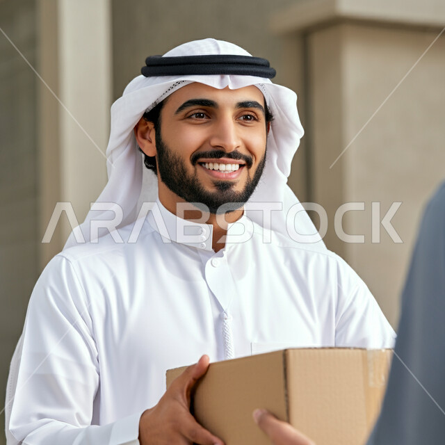 مفهوم التسوق الالكتروني، خدمات التوصيل السريع, الاعتماد على عمليات الشراء عبر الانترنت, طلب المنتجات أونلاين, لرجل عربي خليجي سعودي يرتدي الثوب التقليدي والغترة يقوم باستلام الطرود من مندوب التوصيل بإيماءات البشاشة, إيصال الطلبات إلى الزبائن بسهولة وسرعة