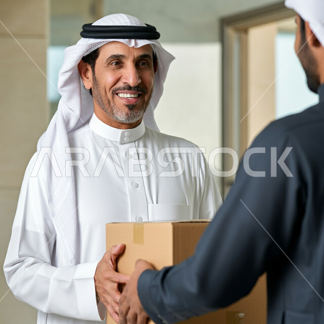مفهوم التسوق الالكتروني، خدمات التوصيل السريع, الاعتماد على عمليات الشراء عبر الانترنت, طلب المنتجات أونلاين, لرجل عربي خليجي سعودي يرتدي الثوب التقليدي والغترة يقوم باستلام الطرود من مندوب التوصيل بإيماءات البشاشة, إيصال الطلبات إلى الزبائن بسهولة وسرعة