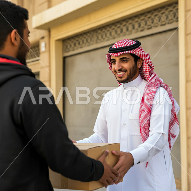 مفهوم التسوق الالكتروني، خدمات التوصيل السريع, الاعتماد على عمليات الشراء عبر الانترنت, طلب المنتجات أونلاين, لرجل عربي خليجي سعودي يرتدي الثوب التقليدي والشماغ يقوم باستلام الطرود من مندوب التوصيل بإيماءات البشاشة, إيصال الطلبات إلى الزبائن بسهولة وسرعة