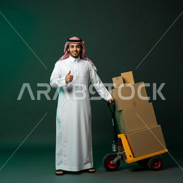 E-commerce concept, express delivery services, relying on online purchases, ordering products online, portrait of a Saudi Arabian Gulf man wearing traditional thobe and shemagh standing next to parcels with cheerful gestures, delivering orders to customers easily and quickly, green background