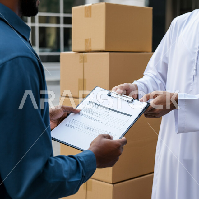 خدمات التوصيل السريع, الاعتماد على عمليات الشراء عبر الانترنت, طلب المنتجات أونلاين, صورة مقربة لرجل عربي خليجي سعودي يرتدي الثوب التقليدي يقوم باستلام الطرود من مندوب التوصيل, مفهوم التسوق الالكتروني، إيصال الطلبات إلى الزبائن بسهولة وسرعة