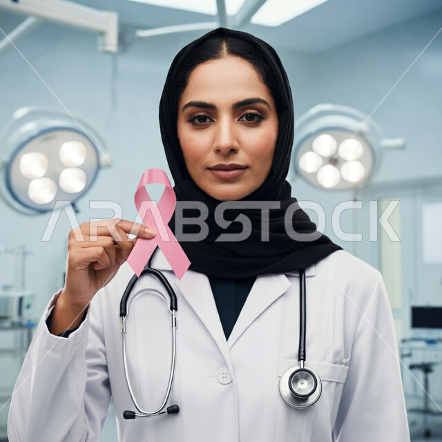 رمز الحملة العالمية، اليوم العالمي للتوعية بسرطان الثدي، صورة مقربة لطبيبة عربية خليجية سعودية ترتدي المعطف والسماعة الطبية تحمل بيدها شريط زهري اللون، الاهتمام بالمرض و بالكشف المبكر، الحملة التوعويه بالامراض الخبيثه