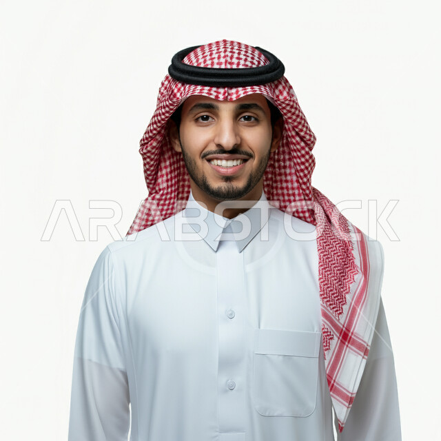 Concern about appearance, concept of elegance and handsomeness, close-up portrait of a Saudi Arabian Gulf man wearing traditional thobe and shemagh looking at the camera with gestures of cheerfulness and pleasure, expressions of self-confidence, white background
