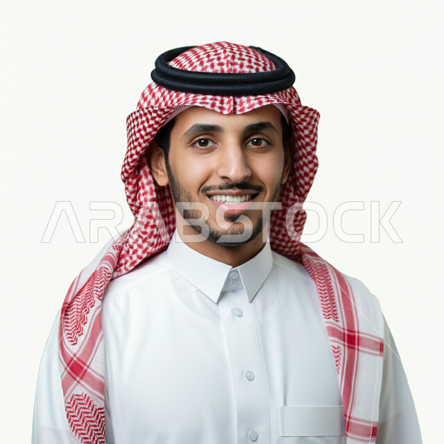 مفهوم الأناقة والوسامة، بورتريه مقرب لرجل عربي خليجي سعودي يرتدي الثوب التقليدي والشماغ ينظر إلى الكاميرا بإيماءات البشاشة والسرور، تعابير الثقة بالنفس، الاهتمام بالمظهر الخارجي، خلفية بيضاء