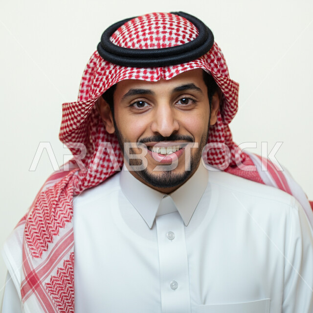 Concern about appearance, concept of elegance and handsomeness, close-up portrait of a Saudi Arabian Gulf man wearing traditional thobe and shemagh looking at the camera with gestures of cheerfulness and pleasure, expressions of self-confidence, white background