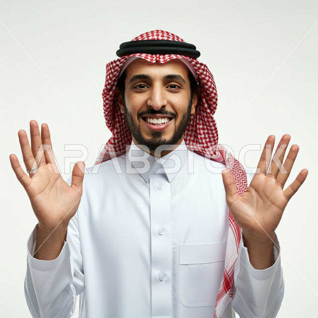 الشعور بالفرح للقيام بالواجبات المطلوبة، تعابير الانتهاء من أمر ما، بورتريه مقرب لرجل عربي خليجي سعودي مبتسم يرفع يديه للأعلى ينظر إلى الكاميرا بإيماءات السرور والسعادة، مفهوم الأناقة والوسامة، خلفية بيضاء