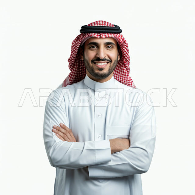 الوقوف بيدين متقاطعتين بتعابير الثقة بالنفس، بورتريه لرجل عربي خليجي سعودي يرتدي الثوب التقليدي والشماغ ينظر إلى الكاميرا بإيماءات البشاشة والسرور، مفهوم الأناقة والوسامة، الاهتمام بالمظهر الخارجي، خلفية بيضاء