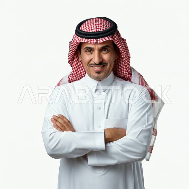 The concept of elegance and handsomeness, interest in external appearance, portrait of a Saudi Arabian Gulf man wearing traditional thobe and shemagh standing with crossed hands looking at the camera with gestures of self-confidence, expressions of joy and happiness, white background