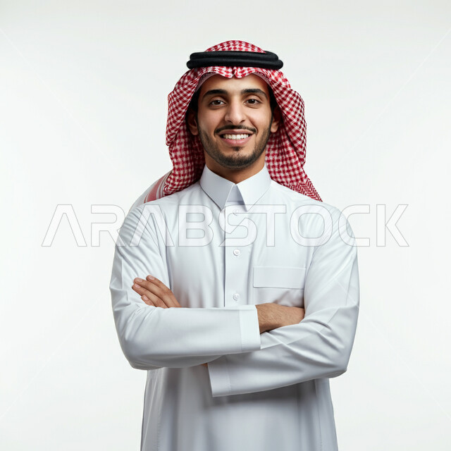الاهتمام بالمظهر الخارجي، مفهوم الأناقة والوسامة، الوقوف بيدين متقاطعتين بتعابير الثقة بالنفس، بورتريه لرجل عربي خليجي سعودي يرتدي الثوب التقليدي والشماغ ينظر إلى الكاميرا بإيماءات البشاشة والسرور، خلفية بيضاء